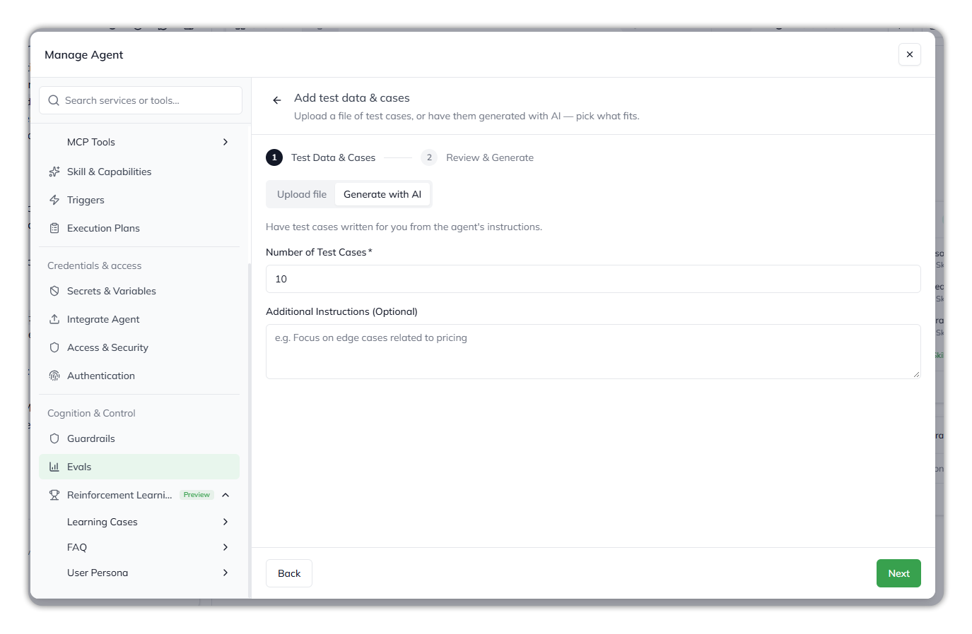 Step 1 of Add test data and cases, on the Generate with AI tab, with the Number of Test Cases and Additional Instructions fields