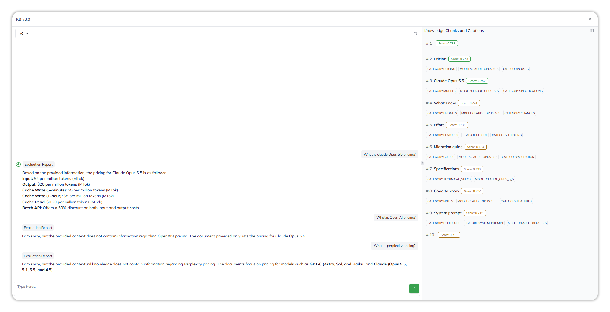 Try Knowledge: the v6 version menu and a refresh icon above a conversation with Evaluation Report on each answer, and on the right Knowledge Chunks and Citations listing ranked chunks, each with a score and tags