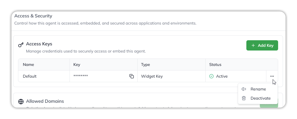 The Access Keys table with a row's menu open, showing Rename and Deactivate
