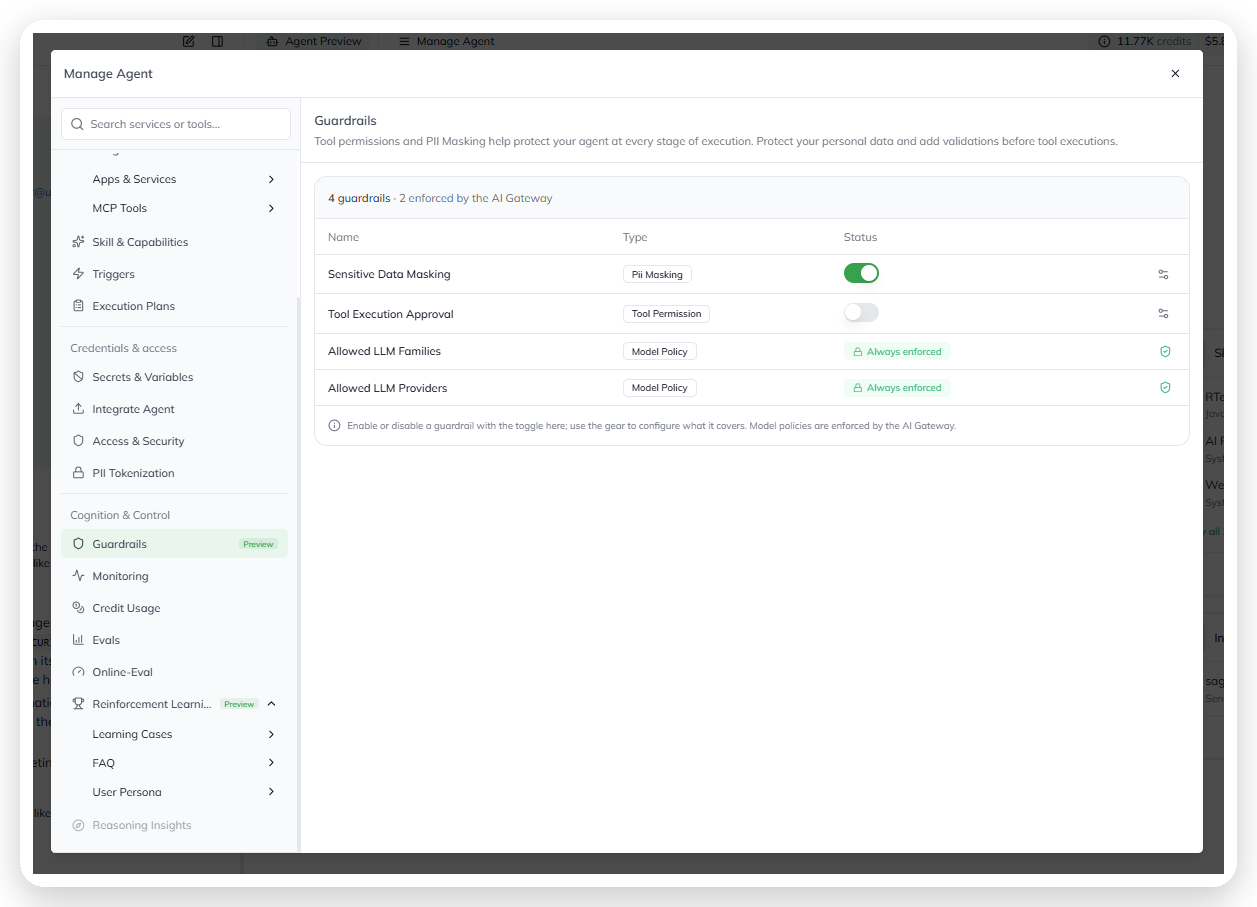 The Sensitive Data Masking guardrail toggled on in the Guardrails list, with the gear to open its configuration