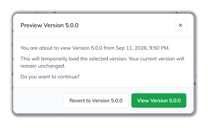 The Preview Version 5.0.0 dialog, with Revert to Version 5.0.0 and View Version 5.0.0 buttons