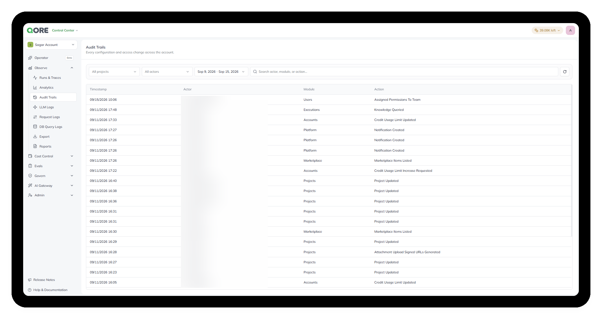 The Audit Trails screen, listing changes with timestamp, actor, module, and action columns