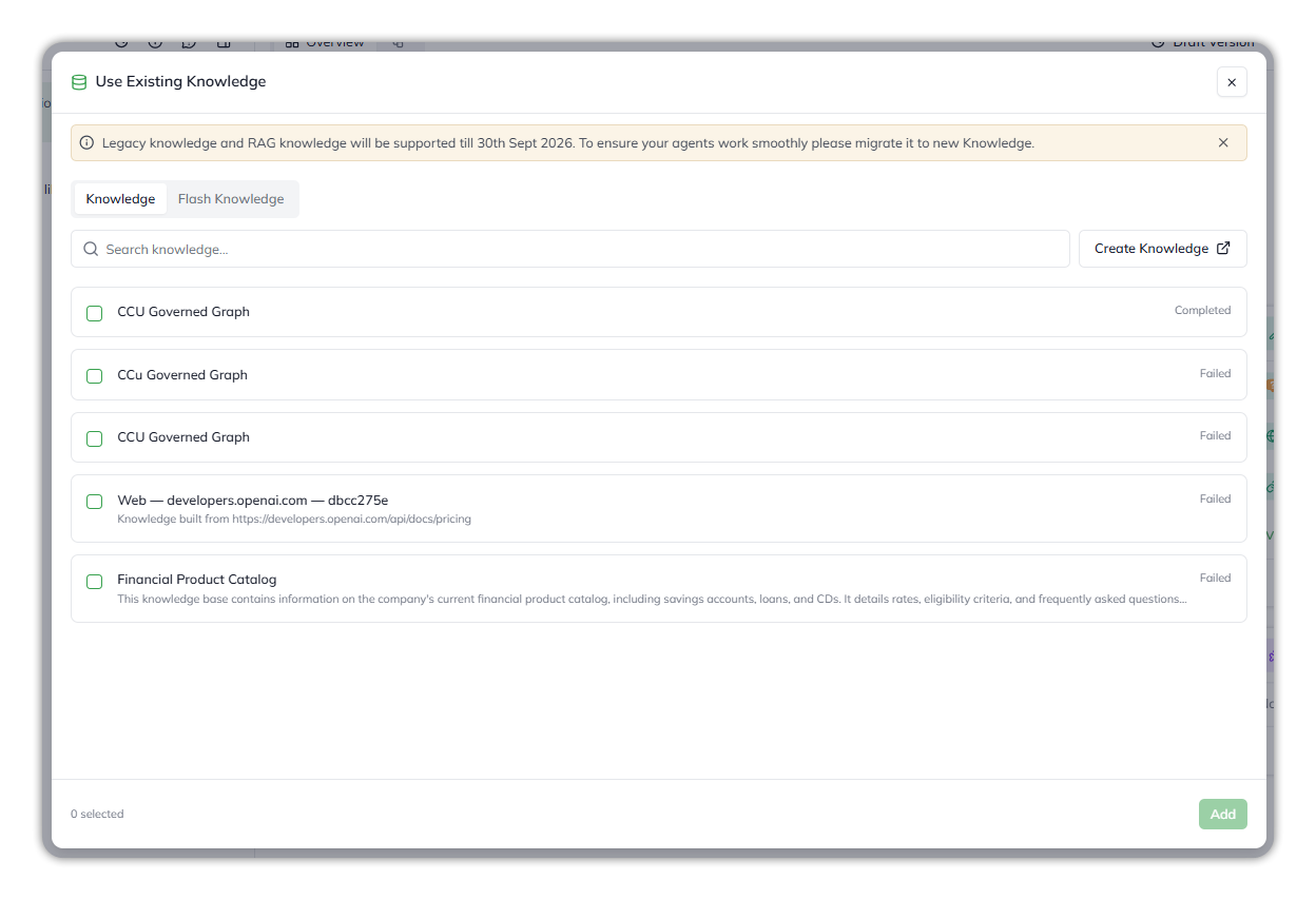 The Use Existing Knowledge dialog on the Knowledge tab, listing CCU Governed Graph as Completed above failed entries, with a search box, a Create Knowledge button and the Add button