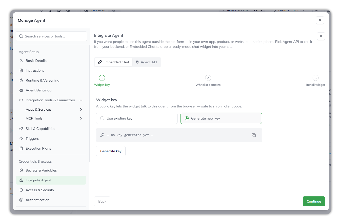 The Integrate Agent panel on the Embedded Chat tab, at step 1 Widget key, with Use existing key and Generate new key options