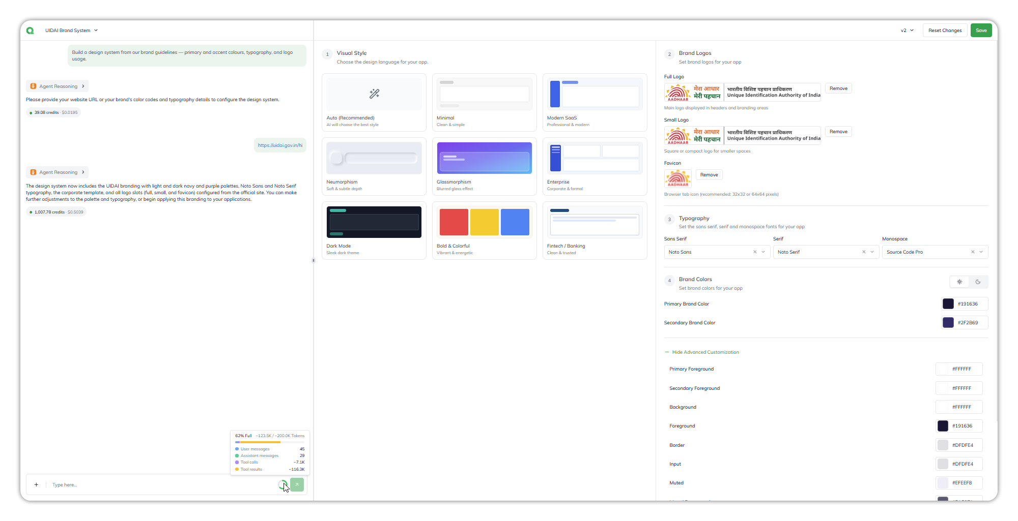The design system builder: the agent chat on the left, and on the right the v2 menu, Reset Changes and Save, the Visual Style cards, Brand Logos with full logo, small logo and favicon uploaded, Typography set to Noto Sans, Noto Serif and Source Code Pro, and Brand Colors with advanced customization expanded
