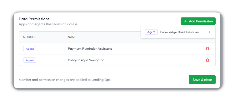 The Add Permission dropdown open above the Data Permissions table, offering the Knowledge Base Resolver agent with a + action; two agents are already listed