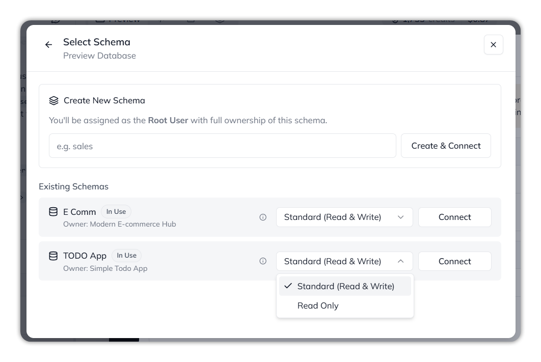 The Select Schema dialog for Preview Database: Create New Schema with a Create and Connect button, and two existing schemas, each In Use, with an access menu open showing Standard (Read and Write) and Read Only