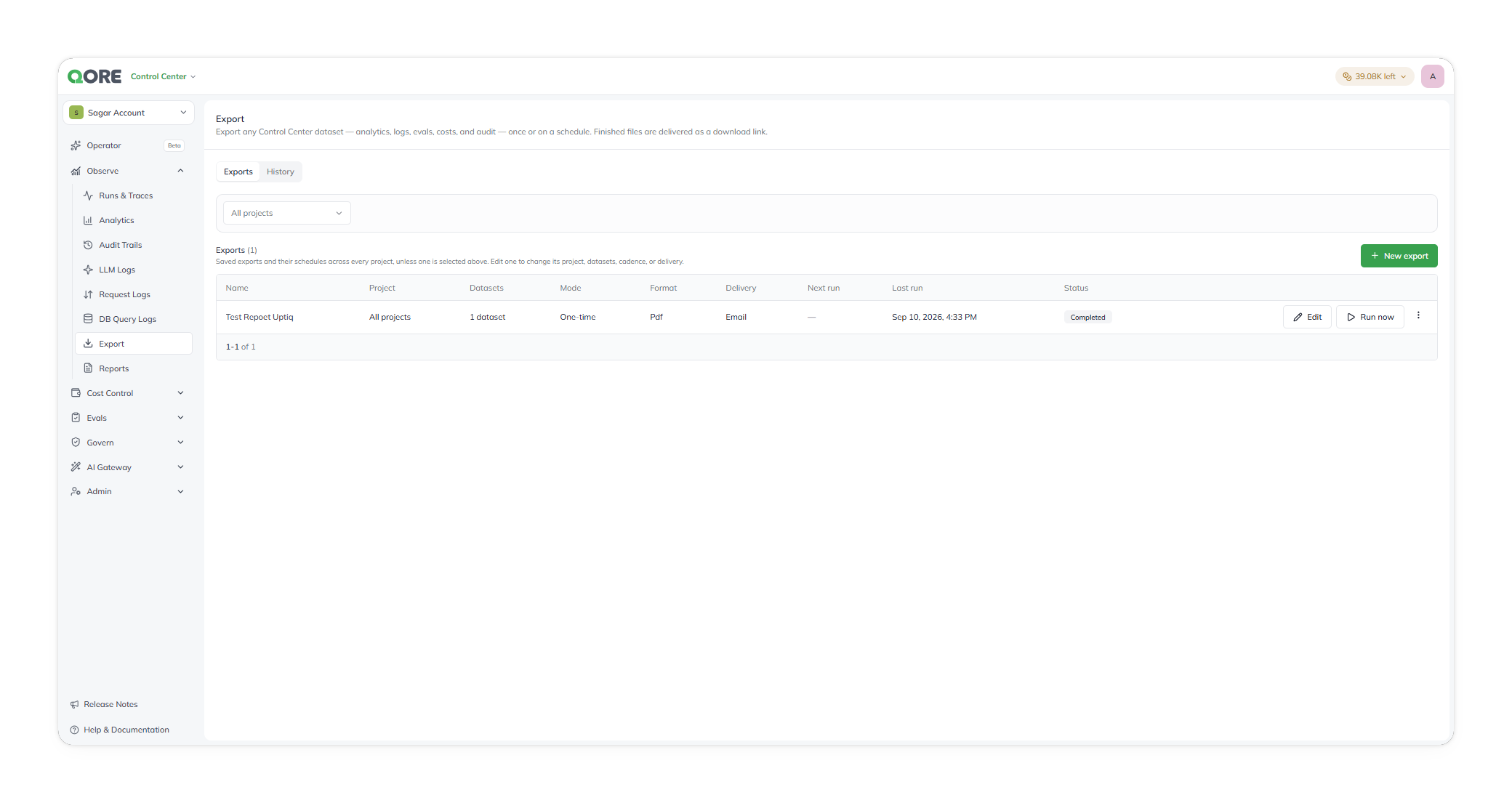 The Export screen's Exports tab, listing a saved export definition with its project, datasets, mode, format, delivery, next run, last run, and status