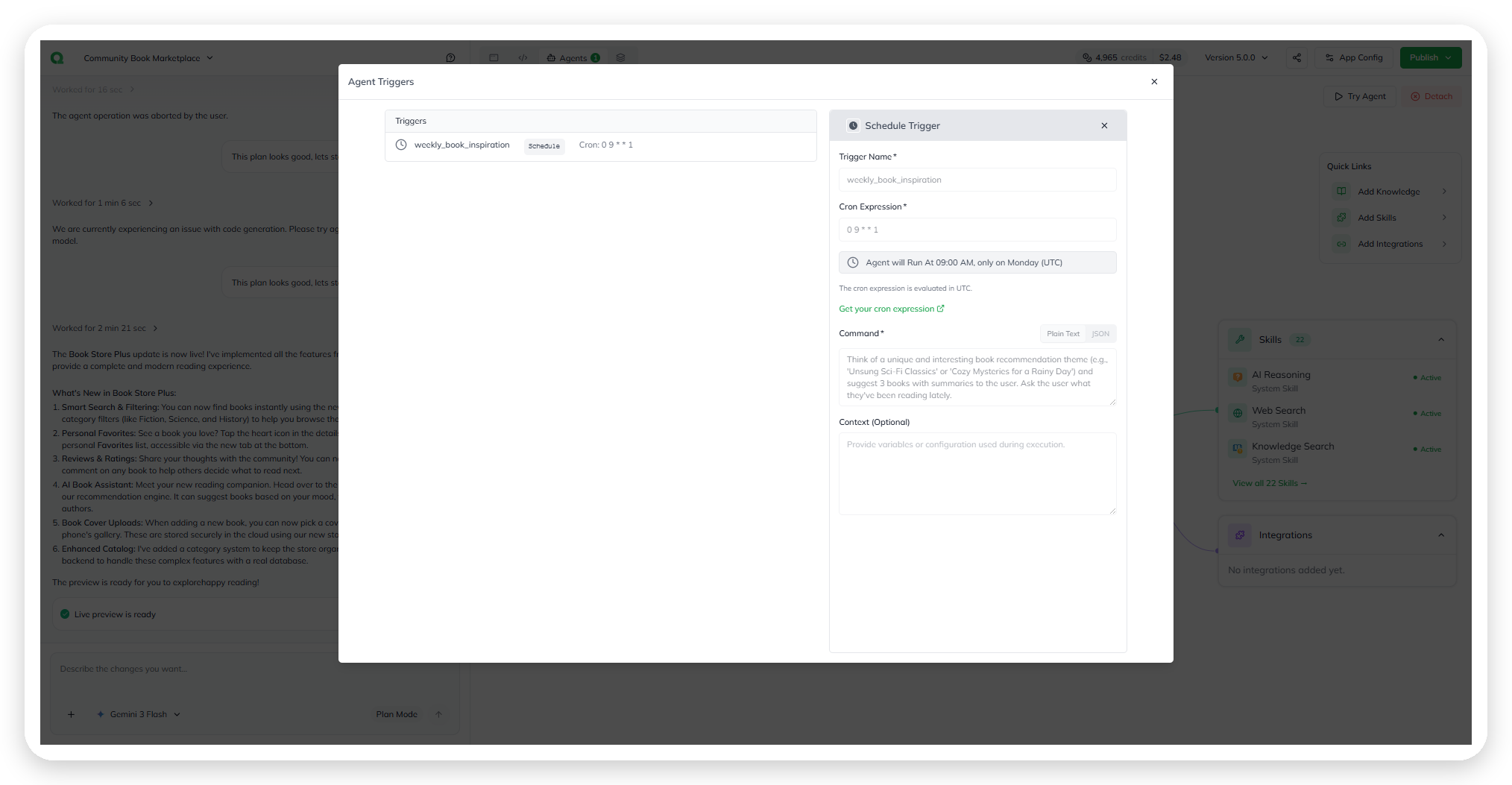 The Builder Canvas, with the Triggers chip showing the configured trigger count