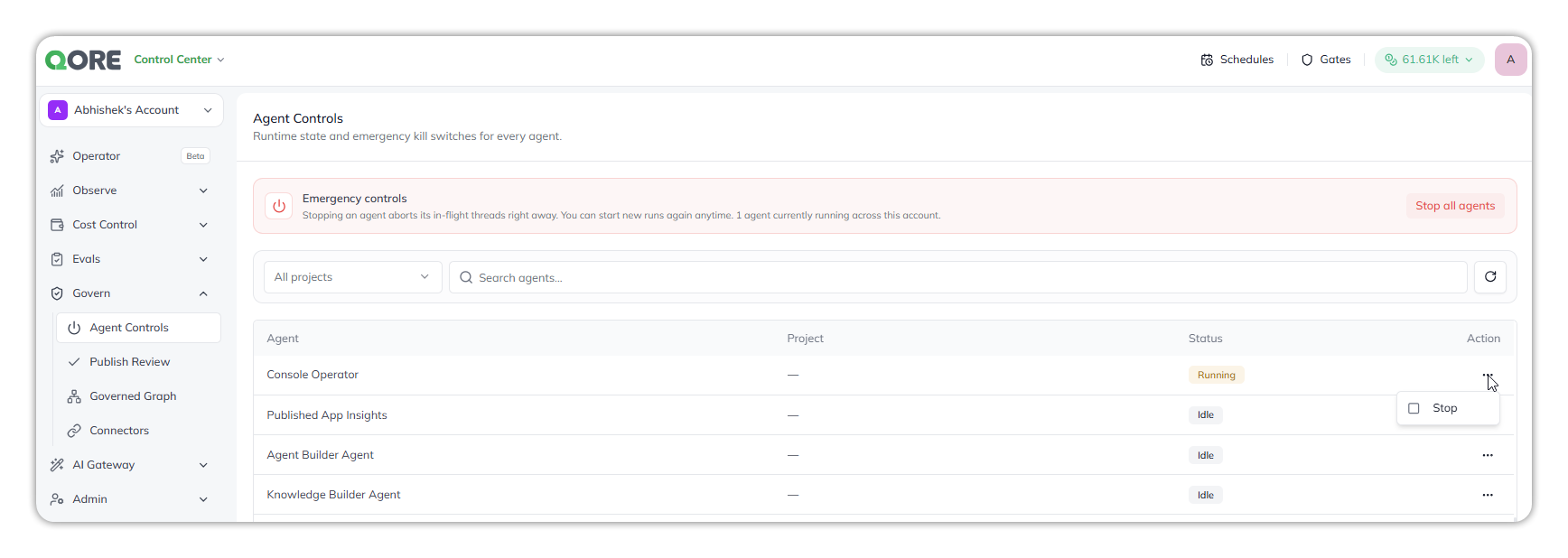 Agent Controls, with the Emergency controls banner and Stop all agents button, an All projects filter and agent search, and a list of system agents with the Stop action open on Console Operator