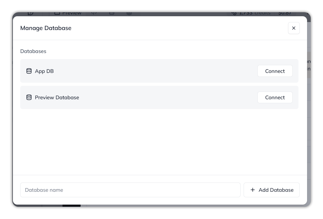 The Manage Database dialog, listing App DB and Preview Database with Connect buttons, and a Database name field with Add Database