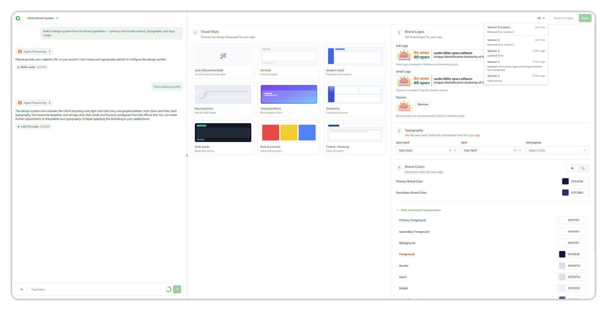 The v5 menu open in the builder, listing Version 5 (Latest) Restored from version 2, Version 4 Restored from version 2, Version 3 Updated fonts, Version 2 Updated colors, fonts, logos and design template (now corporate), and Version 1 Initial version