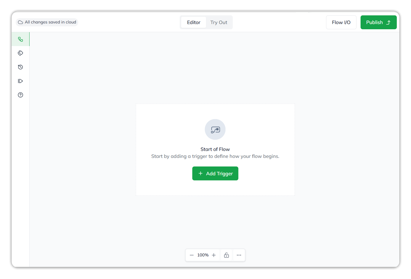 The flow builder: All changes saved in cloud, the Editor and Try Out tabs, Flow I/O and Publish, a rail of icons on the left, Start of Flow with an Add Trigger button in the canvas, and zoom controls at the bottom