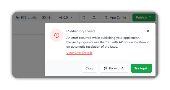 The Publishing Failed dialog, with View Error Details, and Close, Fix with AI and Try Again buttons