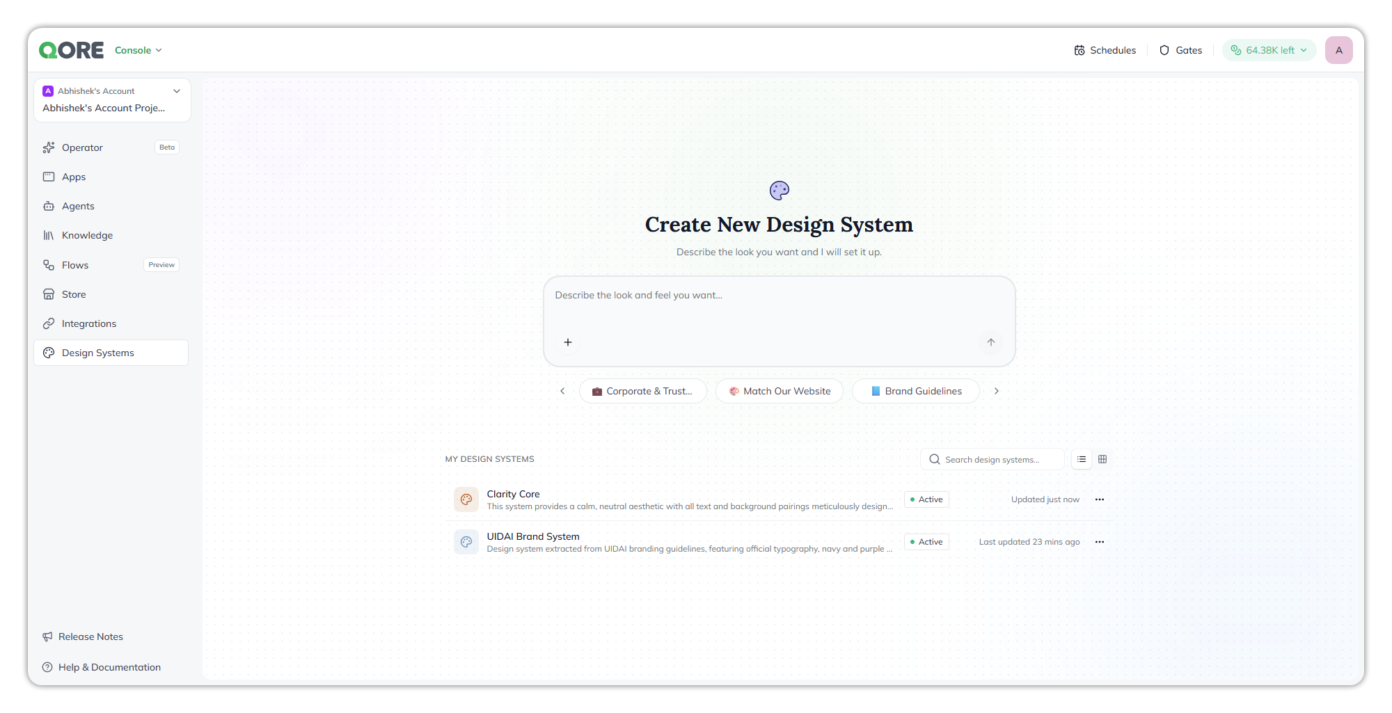 The Design Systems page: Create New Design System with a Describe the look and feel you want… prompt, suggestion chips for Corporate & Trust, Match Our Website and Brand Guidelines, and MY DESIGN SYSTEMS below listing two design systems, each marked Active with its last update time and a ⋯ menu