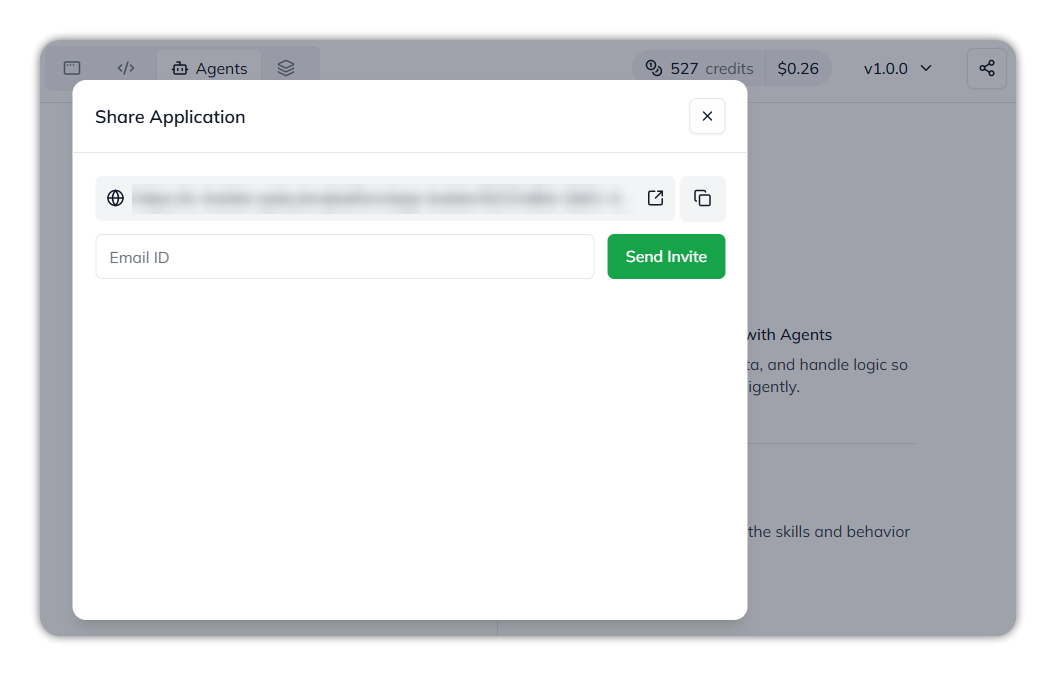 The Share Application dialog: the app link with open and copy icons, and an Email ID field with a Send Invite button