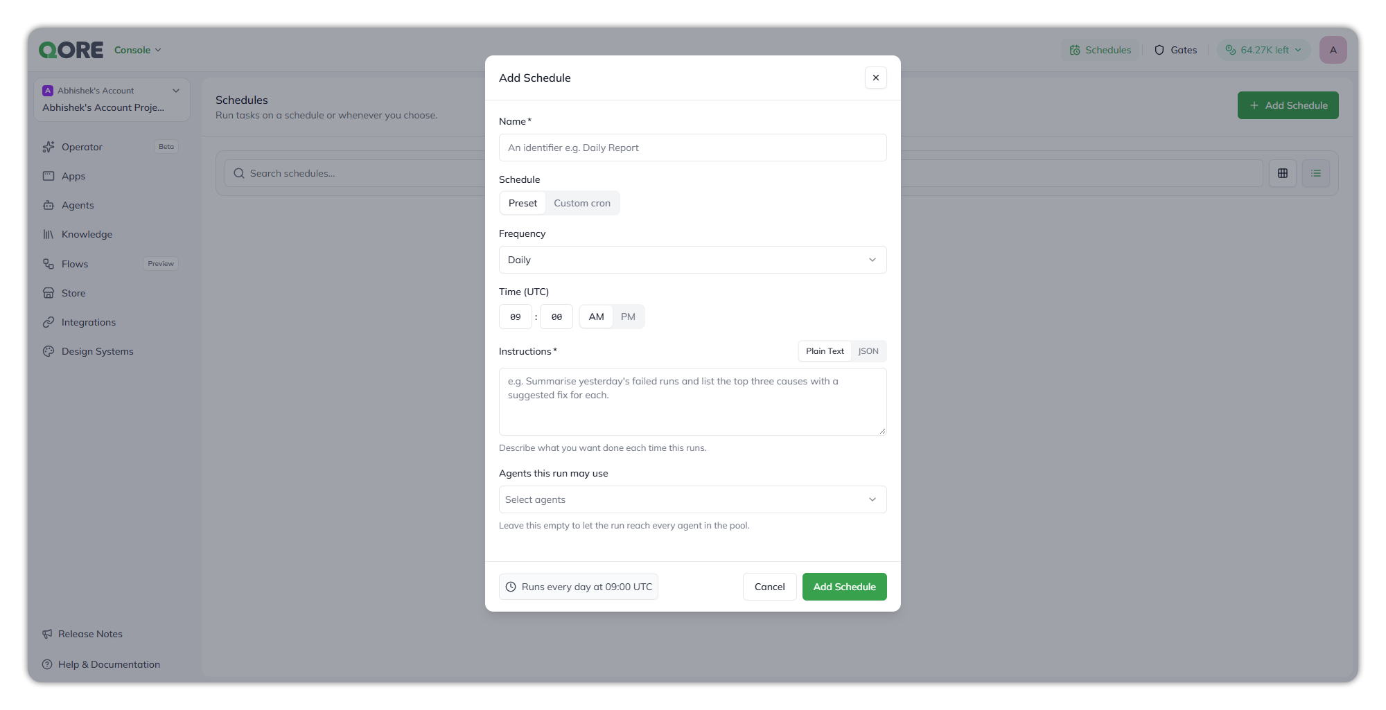 The Add Schedule dialog: Name, Schedule with Preset and Custom cron, Frequency set to Daily, Time (UTC) 09:00 AM, Instructions with Plain Text and JSON, Agents this run may use, and a summary reading Runs every day at 09:00 UTC beside Cancel and Add Schedule