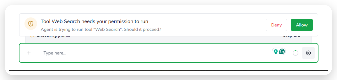 The chat pausing on a Web Search tool call, asking the user to Allow or Deny