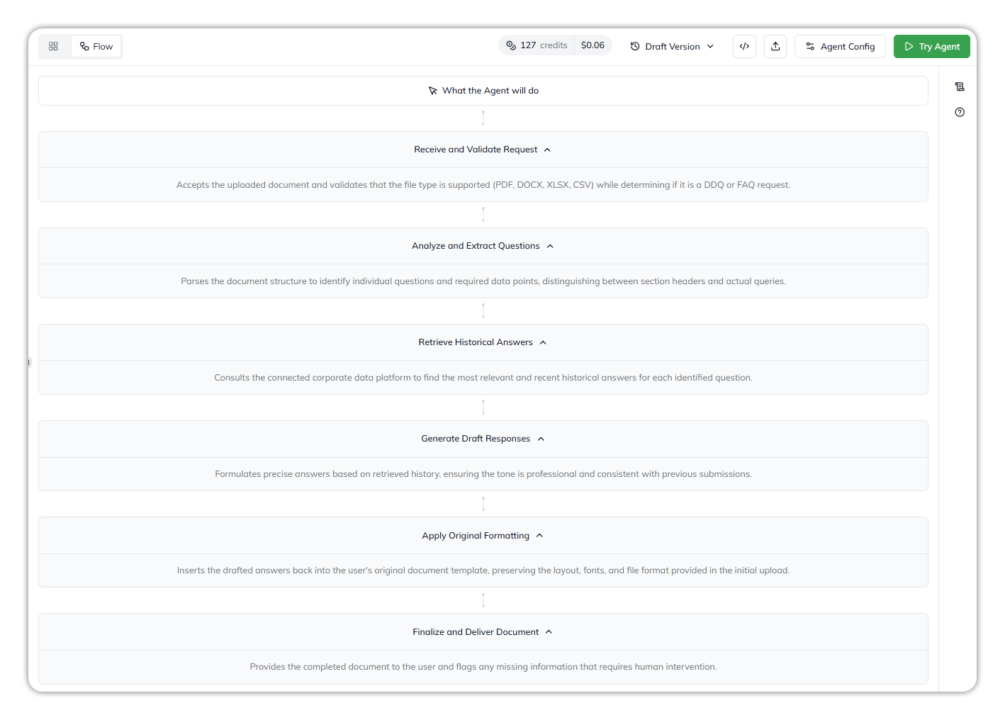 The Flow tab: What the Agent will do, followed by a sequence of steps, each with a short description