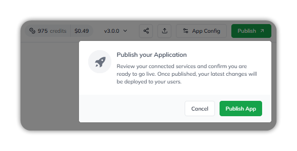 The Publish your Application dialog, with Cancel and Publish App buttons