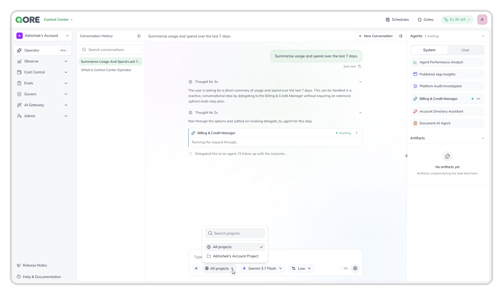 The Governance Operator answering Summarise usage and spend over the last 7 days: it delegates the request to Billing & Credit Manager, shown as Working in the chat and in the Agents panel (1 working), with the project picker open on All projects