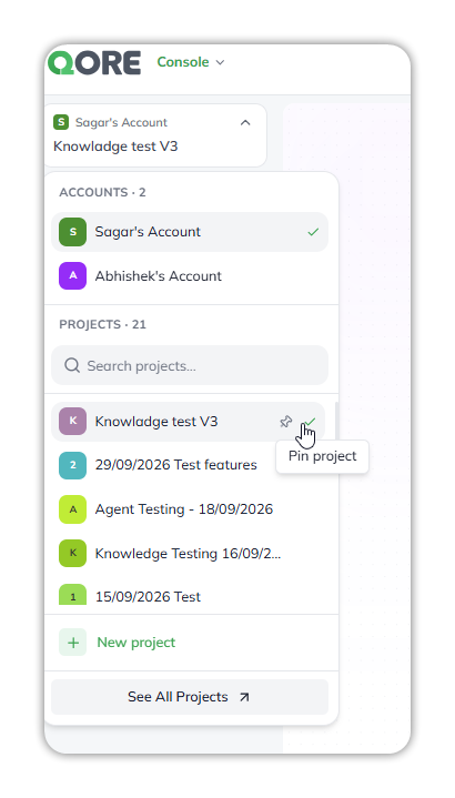 The account and project switcher at the top of the Console sidebar: Accounts, Projects under Search projects, a Pin project option, and New project and See All Projects