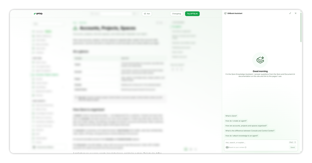 The GitBook Assistant panel open on the right of the Accounts, Projects, Spaces page: the greeting from the Qore Knowledge Assistant, five suggested questions starting with What is Qore?, and the Ask, search, or explain… input with Based on your context and Send below it