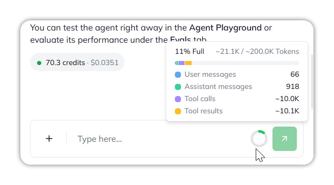 The context usage breakdown: 11% Full, about 21.1K of 200.0K tokens, with User messages 66, Assistant messages 918, Tool calls about 10.0K and Tool results about 10.1K