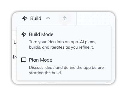 The mode menu open, listing Build Mode (Turn your idea into an app. AI plans, builds, and iterates as you refine it.) and Plan Mode (Discuss ideas and define the app before starting the build.)