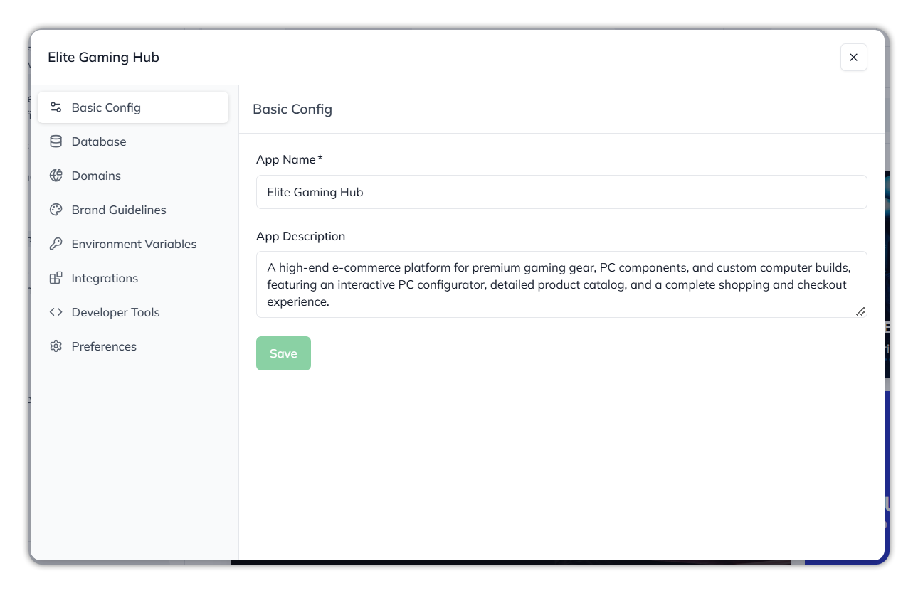 App Config open at Basic Config, with the section list on the left and the App Name and App Description fields and a Save button