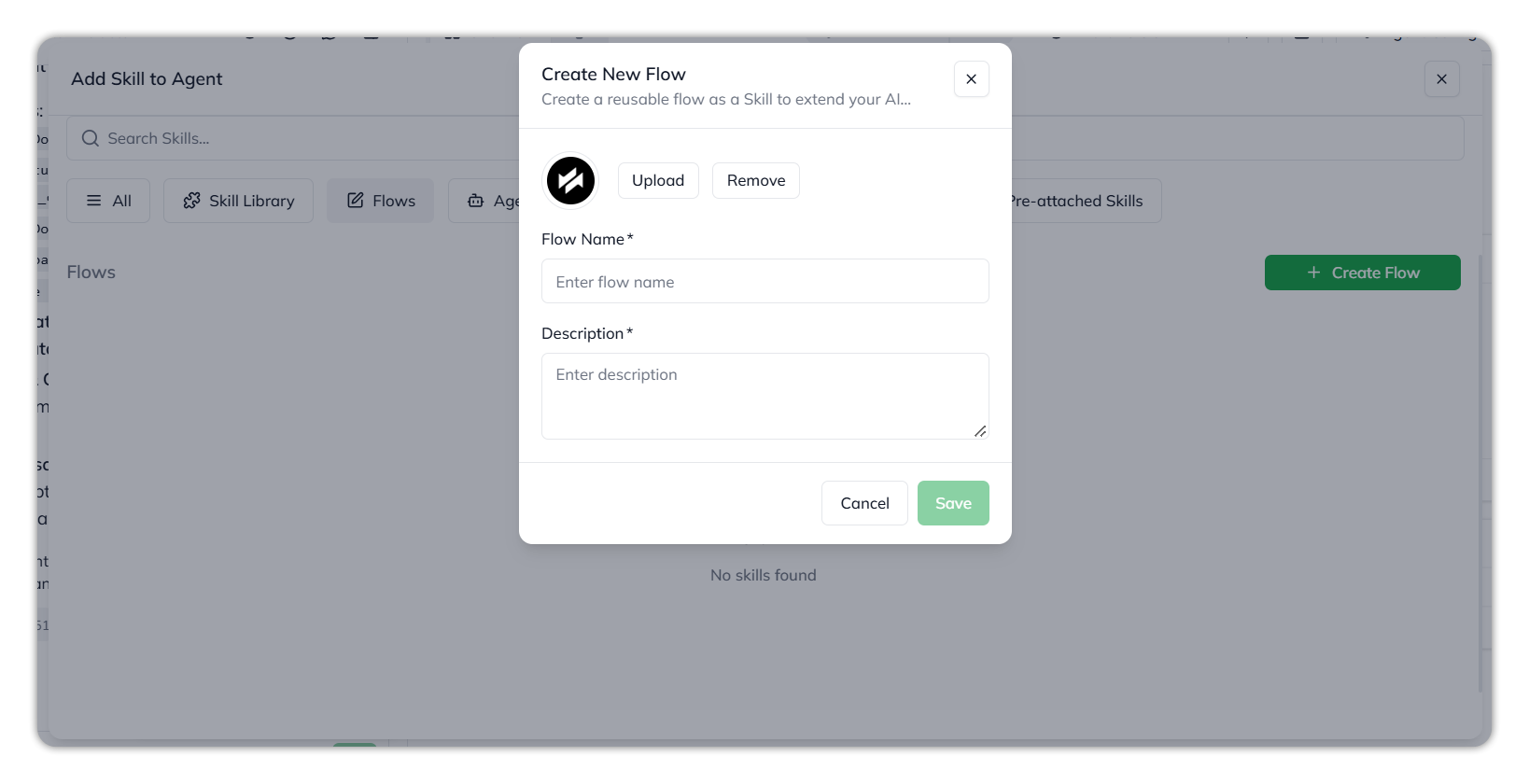 The Create New Flow dialog: an avatar with Upload and Remove buttons, required Flow Name and Description fields, and Cancel and Save buttons