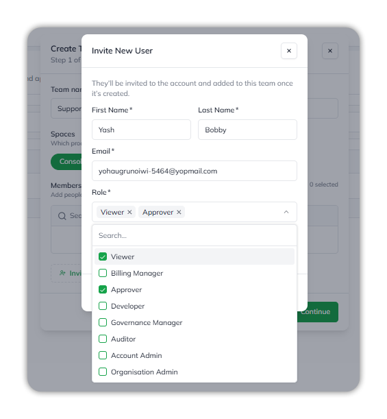 The Invite New User form with First Name, Last Name and Email filled, and the Role dropdown open listing Viewer, Billing Manager, Approver, Developer, Governance Manager, Auditor, Account Admin, and Organisation Admin, with Viewer and Approver checked