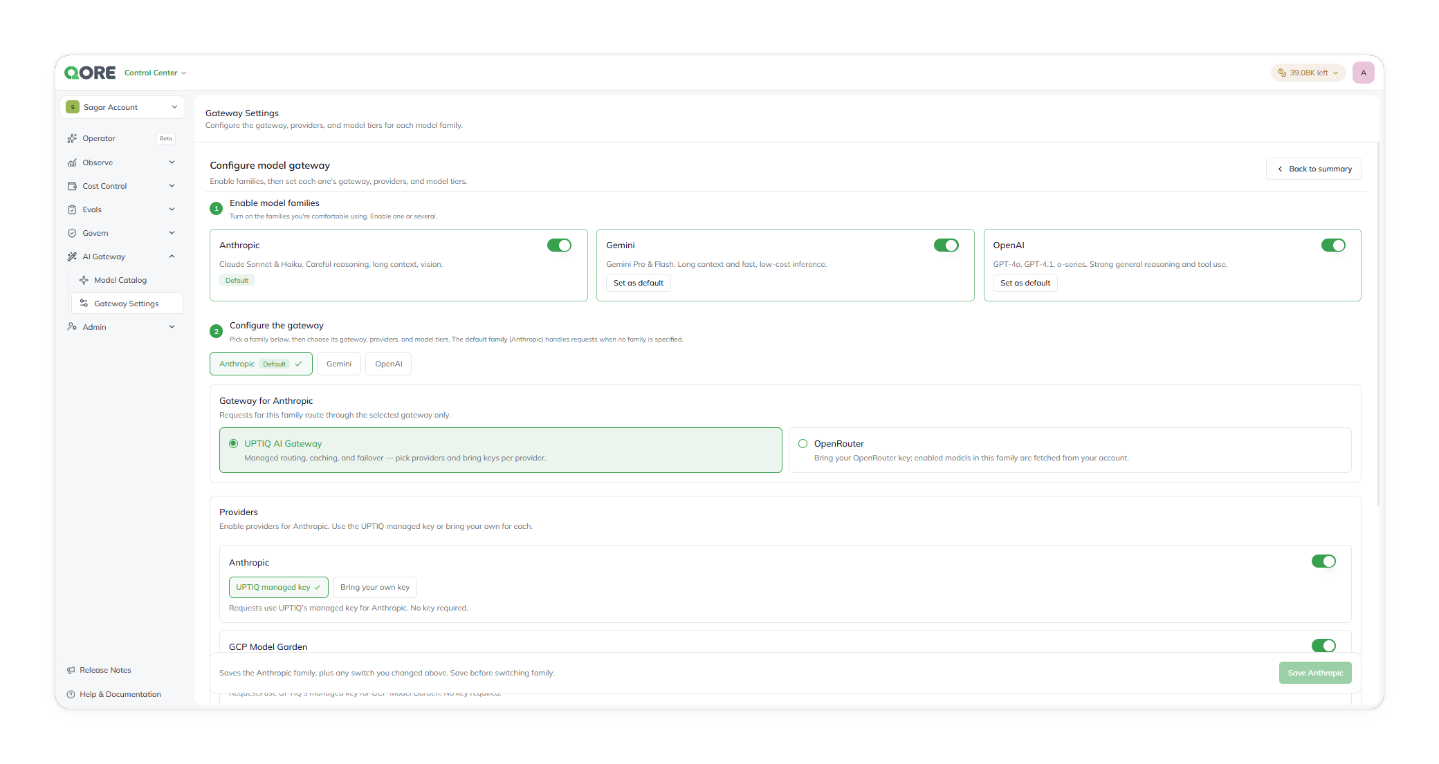 The Configure model gateway page, with Enable model families toggles, a family selector for Anthropic, and the UPTIQ AI Gateway vs OpenRouter gateway choice for Anthropic