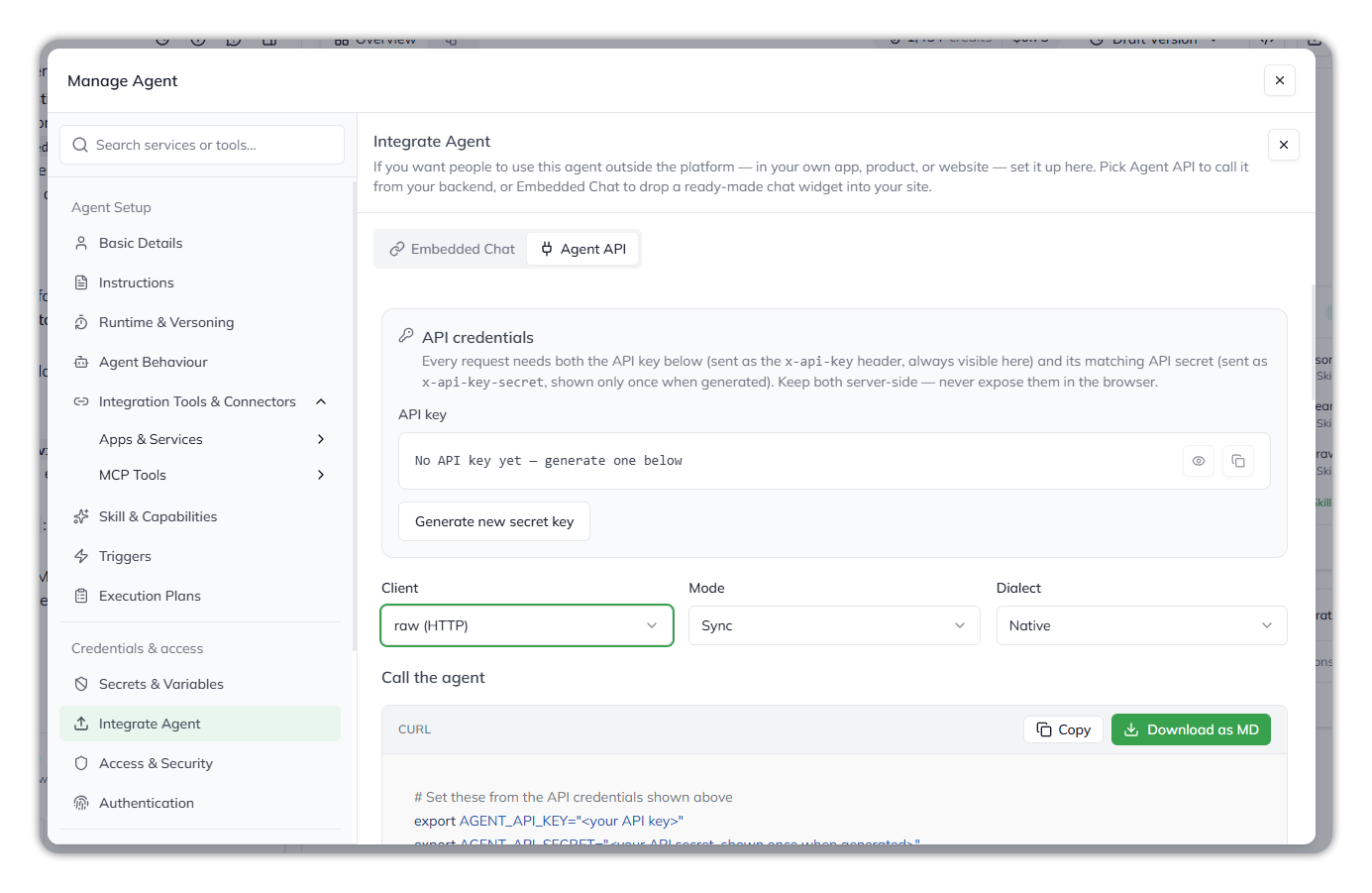 The Agent API tab of Integrate Agent, with the API credentials panel reading No API key yet, the Generate new secret key button, and the Client, Mode and Dialect selectors