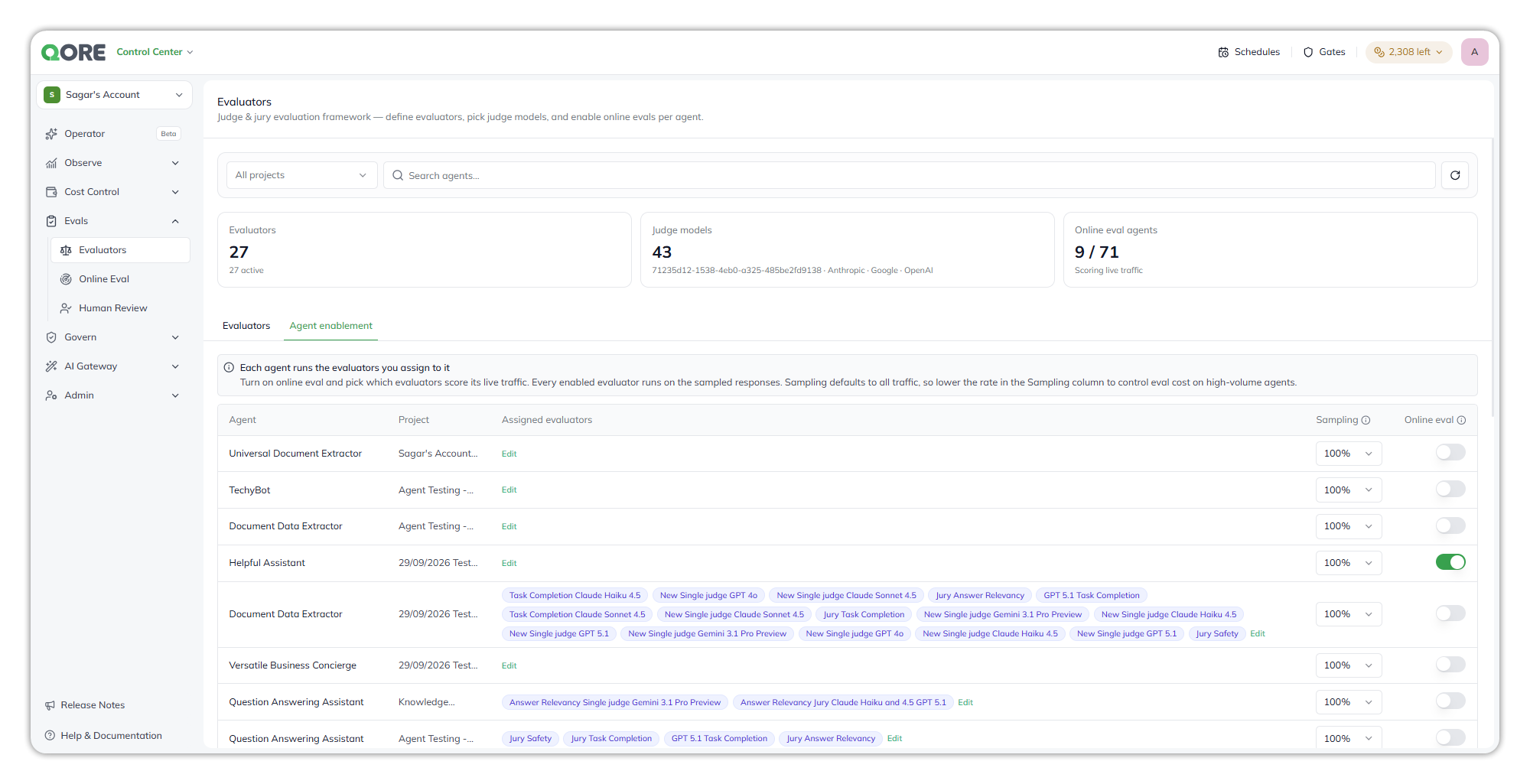 The Agent enablement tab, listing agents with their project, assigned evaluators, a sampling percentage, and an Online eval toggle