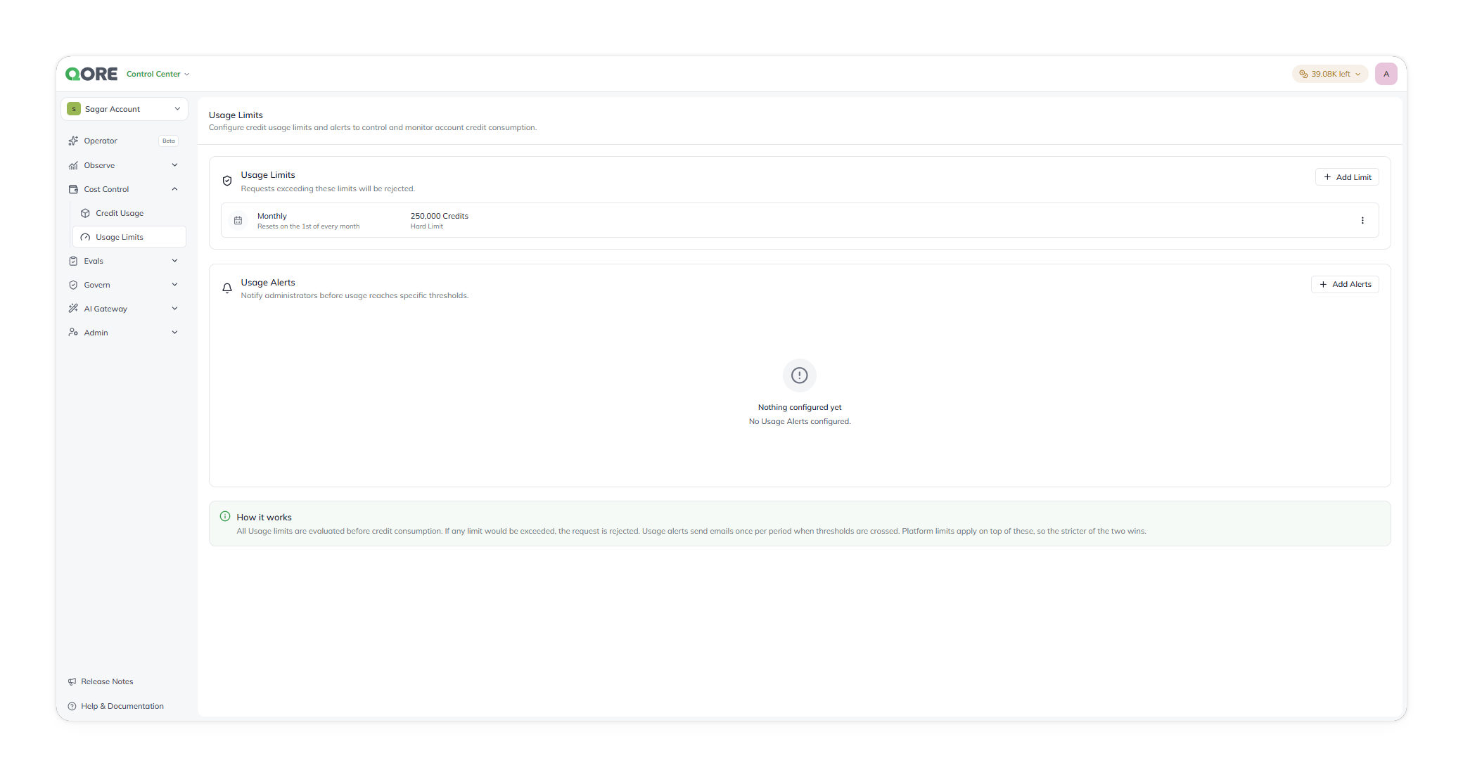 The Usage Limits screen, listing configured limits and alerts