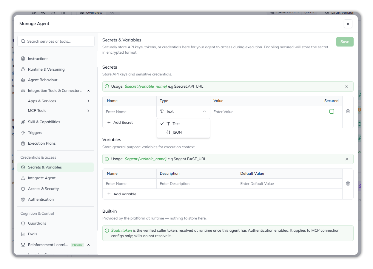 The Secrets and Variables page in Agent Config, with the Secrets table and its Text or JSON type menu open, the Variables table, and the Built-in section