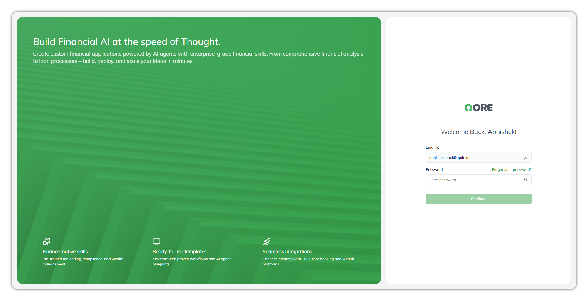 The password step of Qore sign-in: Welcome Back, Abhishek!, the Email Id field with a pencil icon, the Password field with a show/hide icon and a Forgot your password? link, and a Continue button