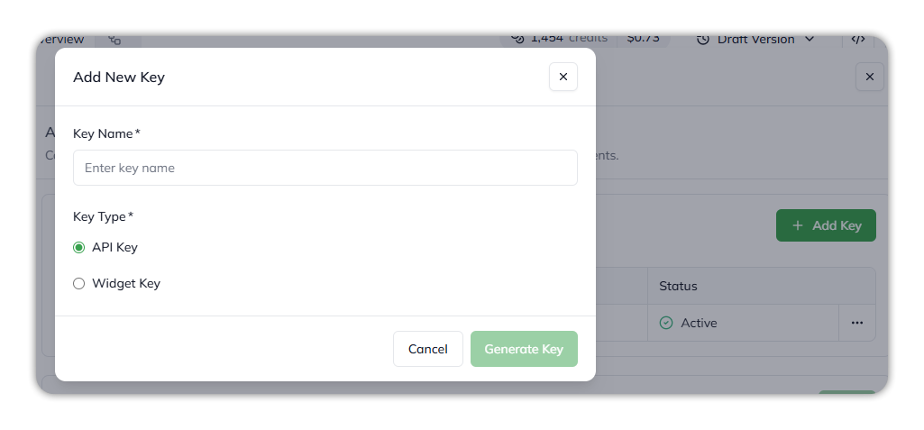 The Add New Key dialog, with a Key Name field, a Key Type choice of API Key or Widget Key, and the Generate Key button