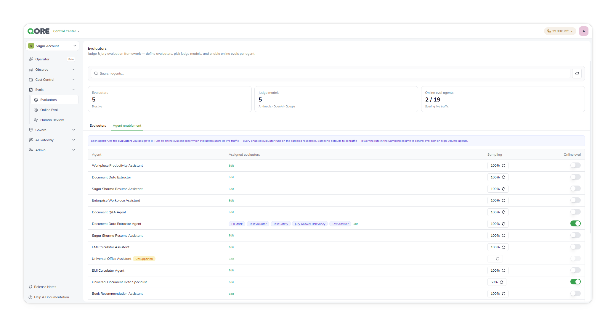 The Agent enablement tab, listing agents with their assigned evaluators, a sampling percentage, and an Online eval toggle