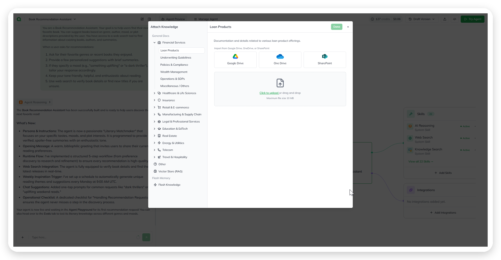 The Builder Canvas, with the + Add Knowledge button in the Knowledge section above the agent node