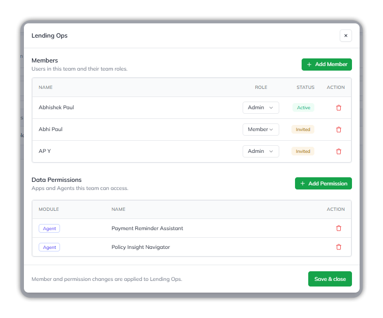 The Lending Ops team dialog, with a Members table (Name, Role, Status, Action) above a Data Permissions table (Module, Name, Action), and a Save & close button at the bottom