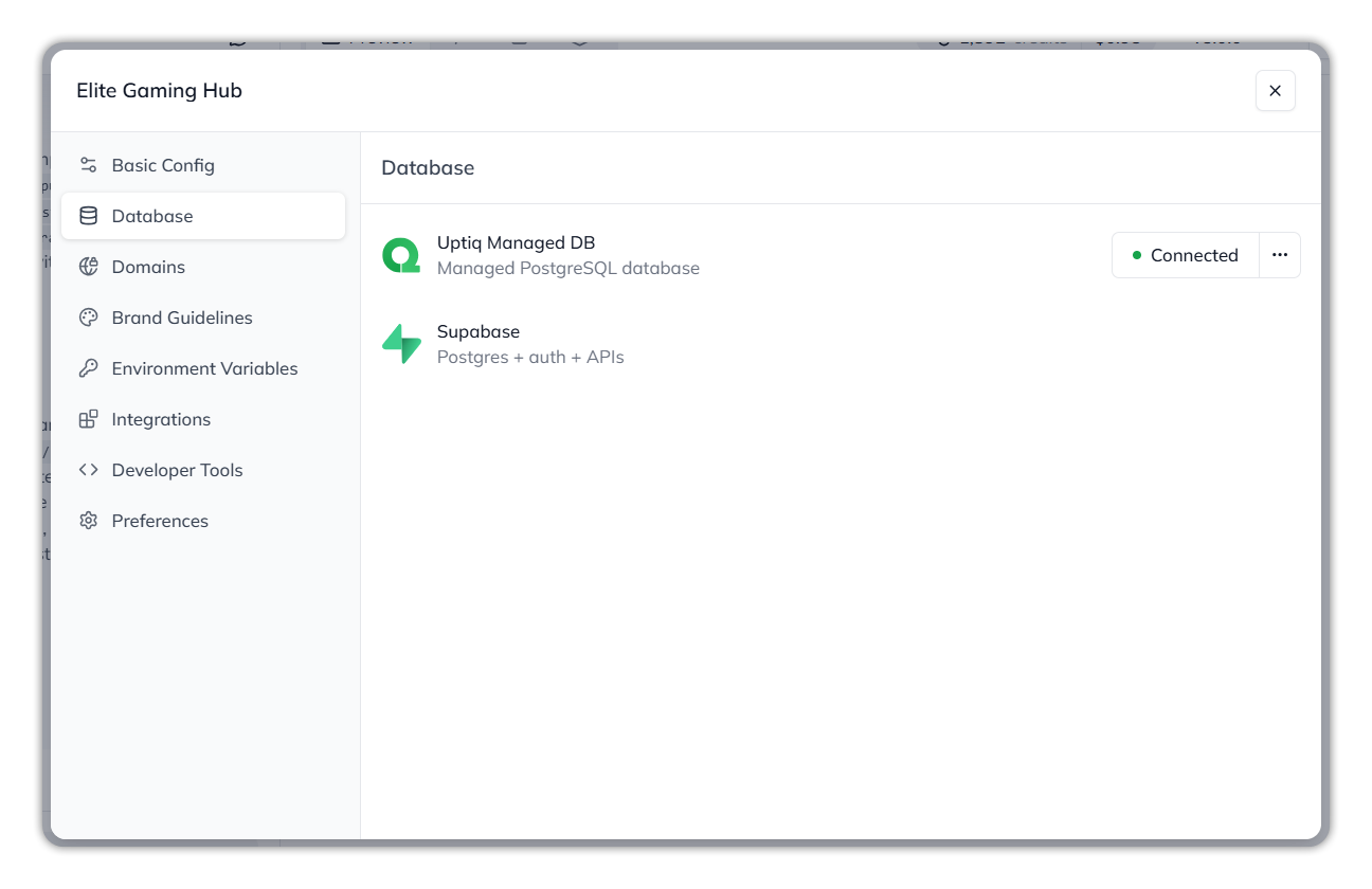 The Database section, with Uptiq Managed DB (Managed PostgreSQL database) Connected with a menu beside it, and Supabase (Postgres + auth + APIs)