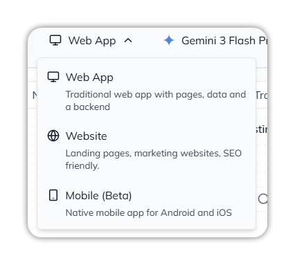 The app type menu open, listing Web App, Website, and Mobile (Beta), each with a one-line description