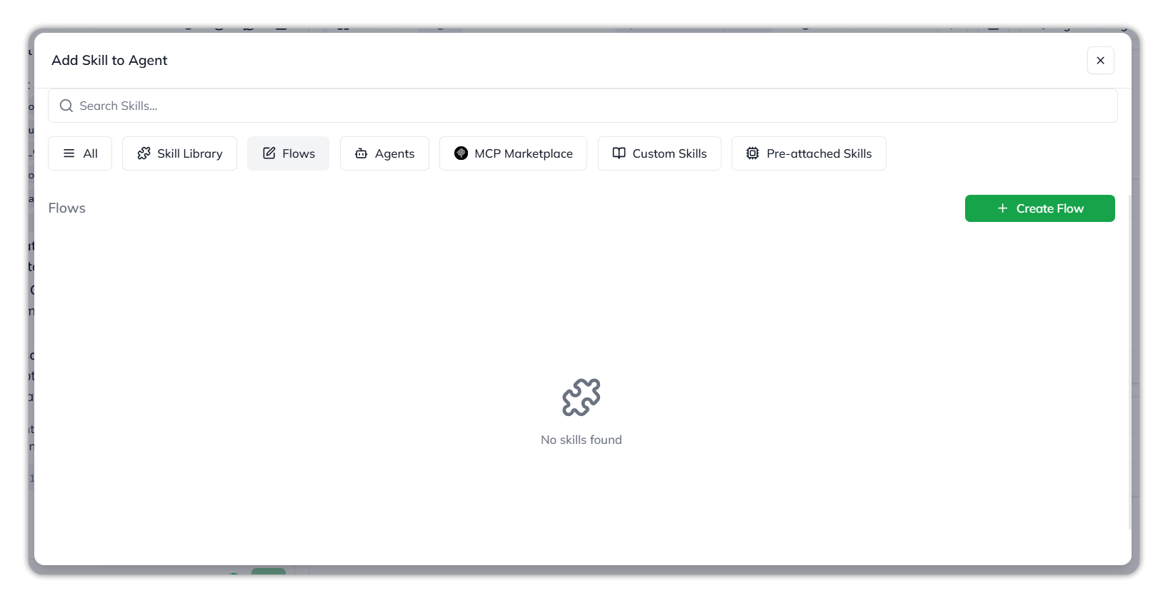 The Add Skill to Agent dialog on the Flows tab, reading No skills found, with a Create Flow button