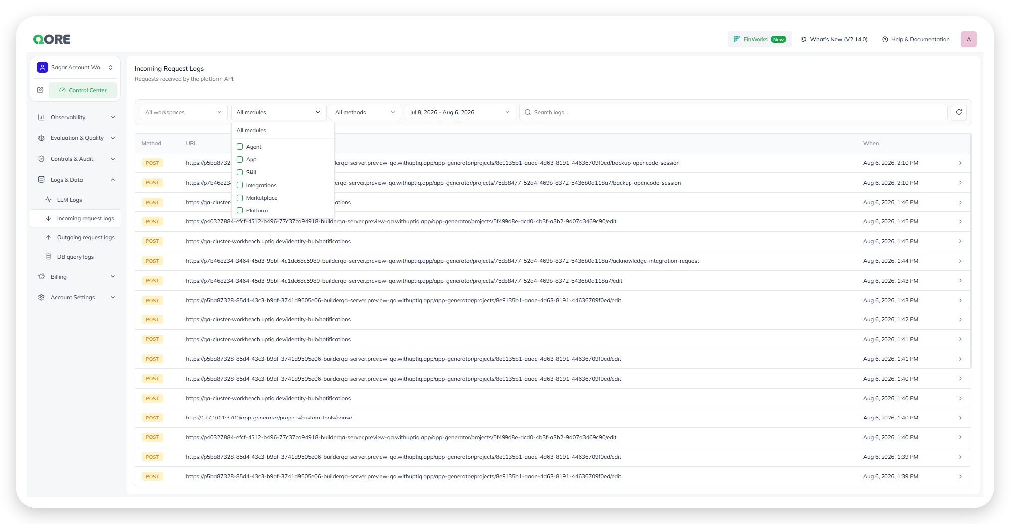 Incoming Request Logs with the module filter open, showing Agent, App, Skill, Integrations, Marketplace, and Platform options