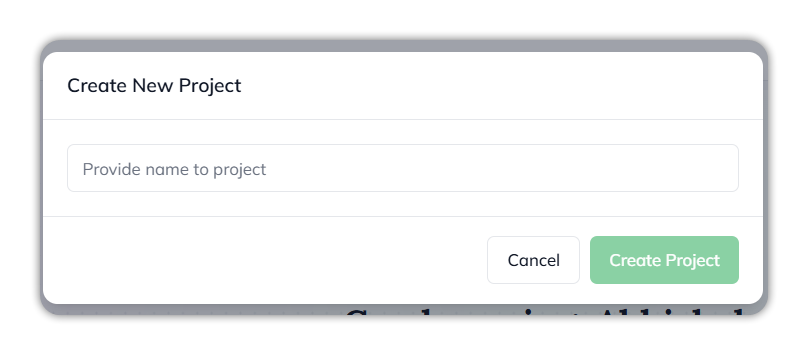 The Create New Project dialog with a Provide name to project field and Cancel and Create Project buttons