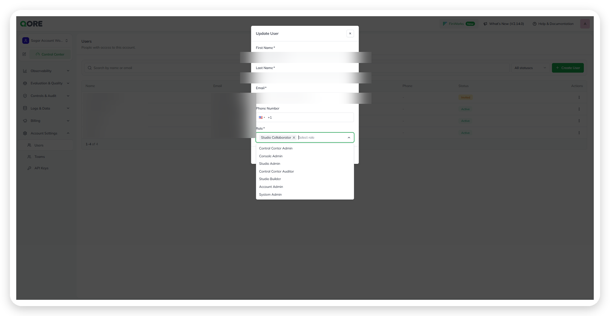 The Role field in the Create/Edit User dialog, with a multi-select list of available roles