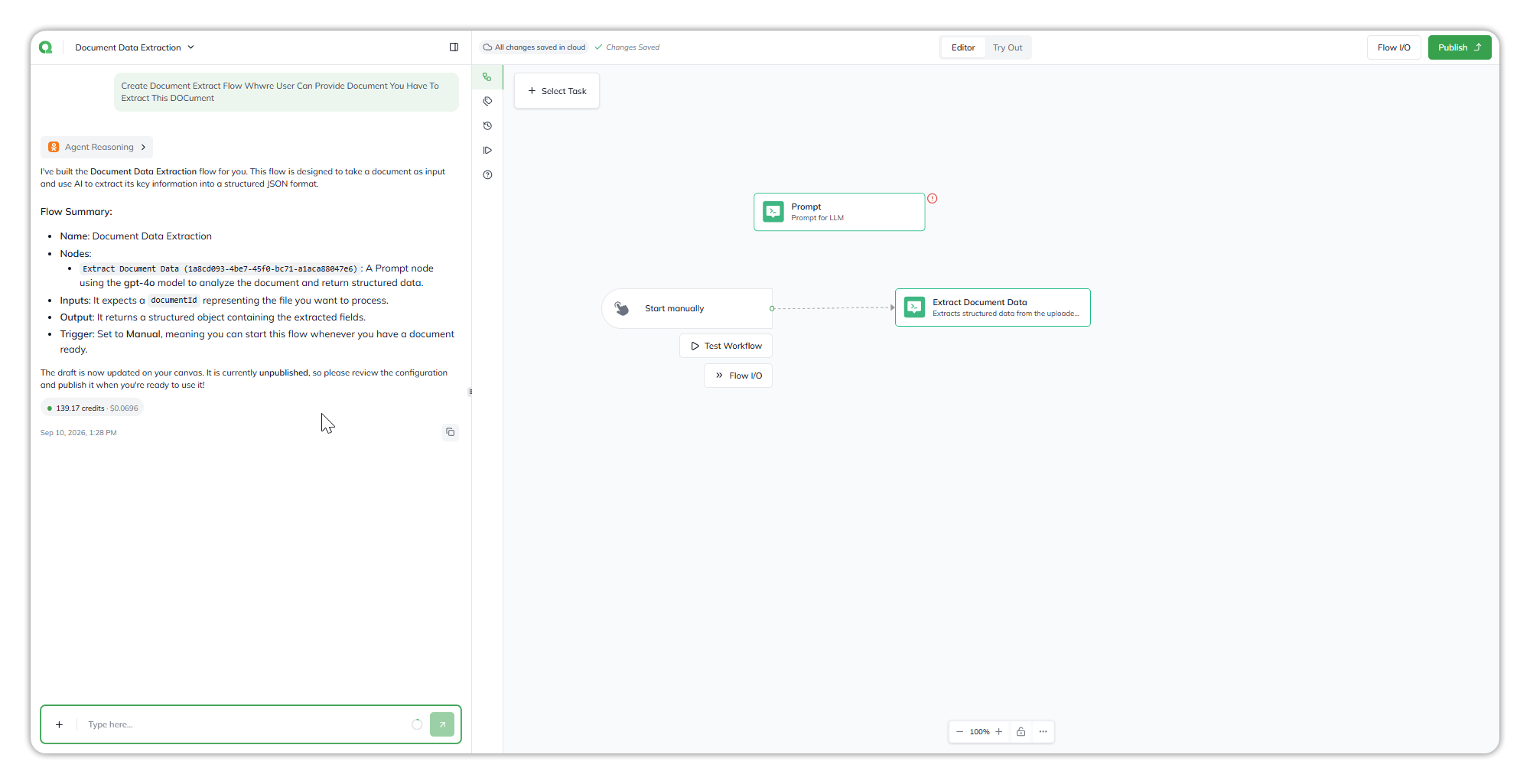 A drafted flow: the chat on the left with Agent Reasoning and a flow summary of name, nodes, inputs, output and trigger; the canvas on the right with a Start manually trigger, Test Workflow and Flow I/O buttons, and two Prompt tasks, one showing a red warning icon