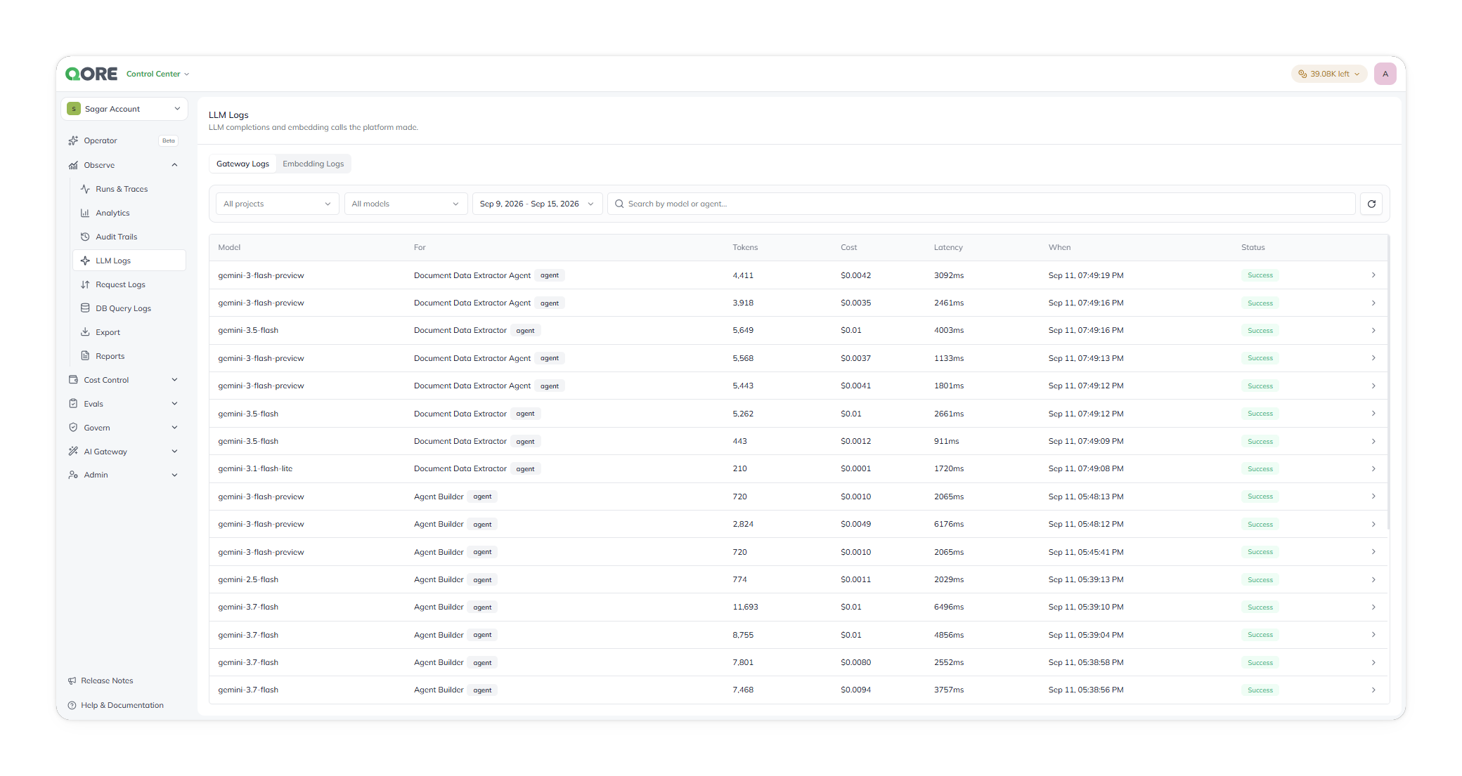 The LLM Logs Gateway Logs tab, listing model calls with tokens, cost, latency, and status